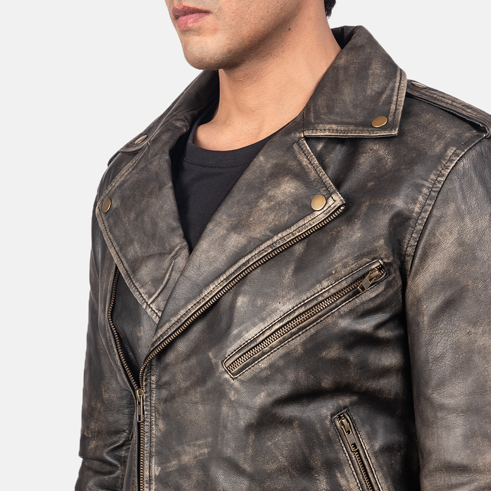Allaric Alley Distressed Brown Leather Biker Jacket - Image 3
