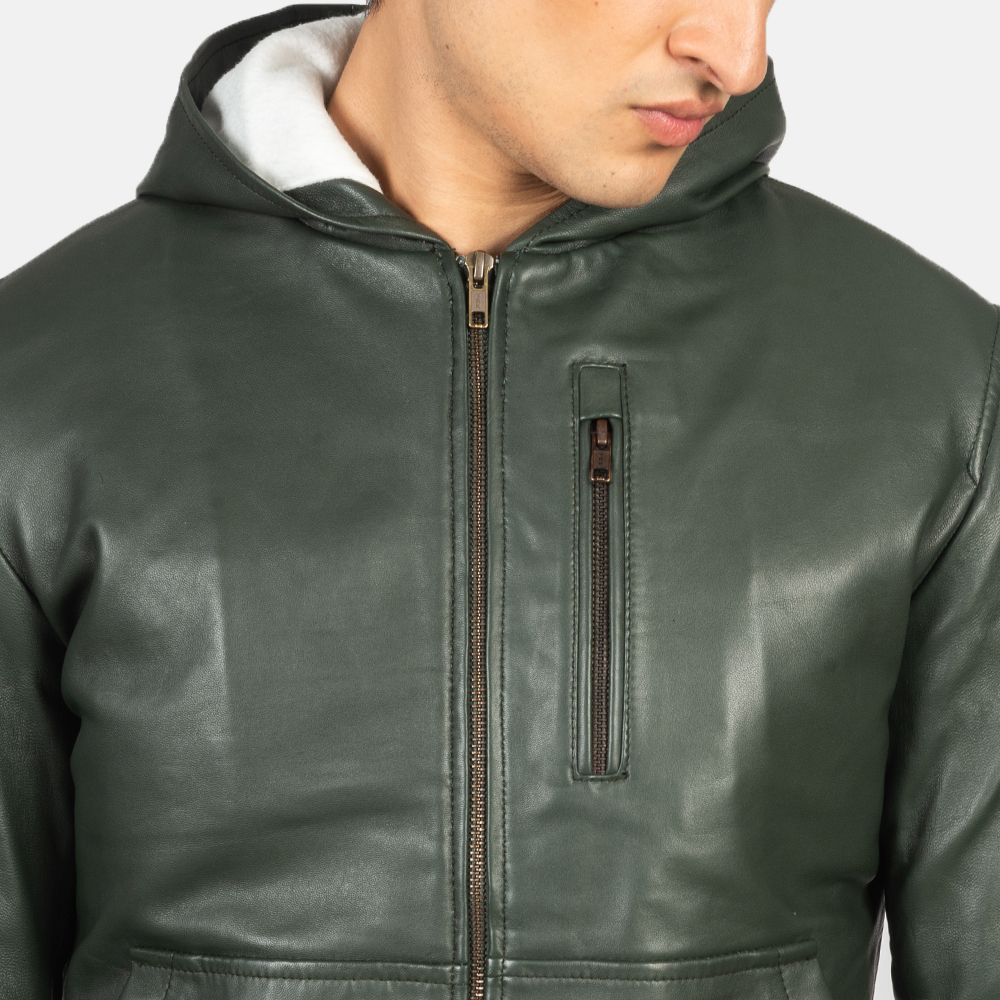 Baston Green Hooded Leather Bomber Jacket - Image 5