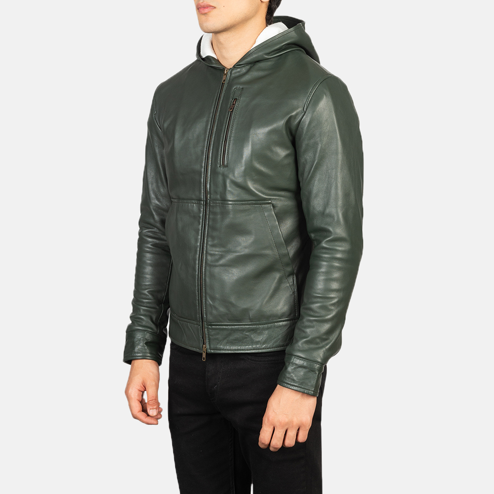 Baston Green Hooded Leather Bomber Jacket - Image 2