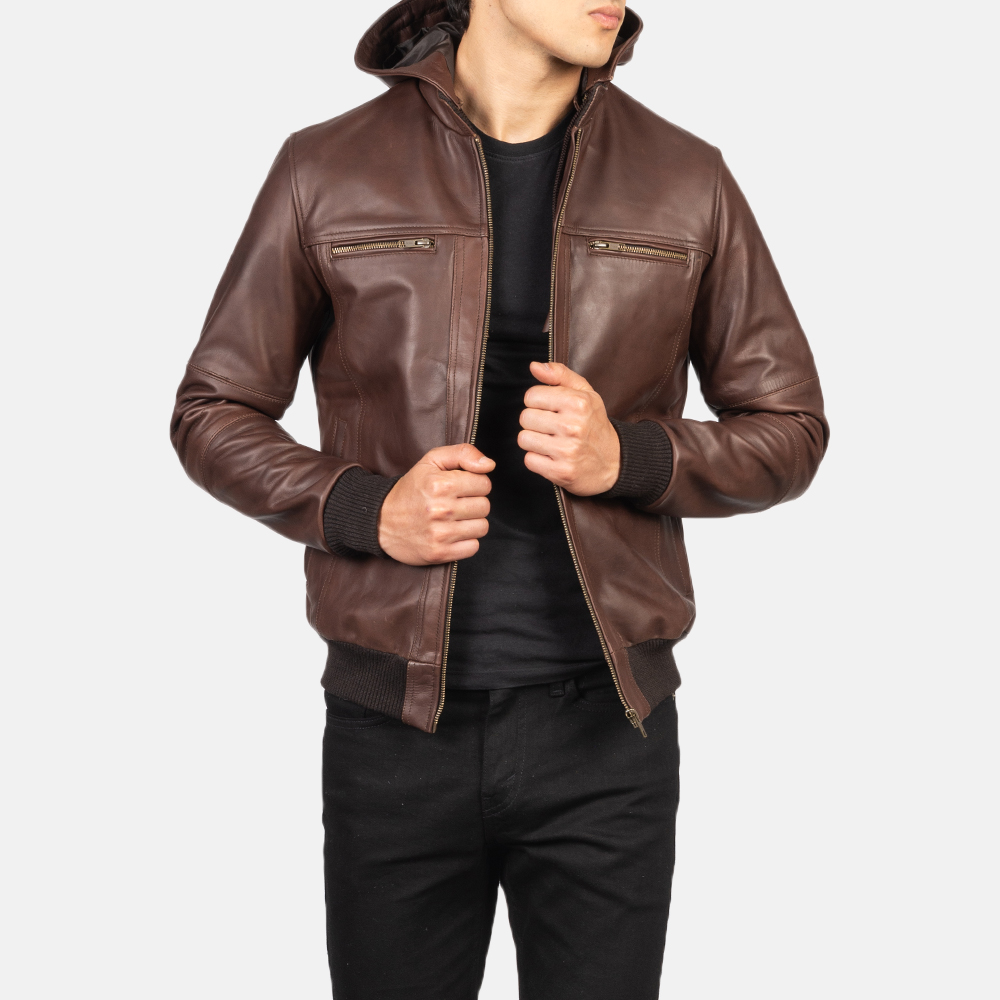 Bouncer Biz Brown Leather Bomber Jacket - Image 3