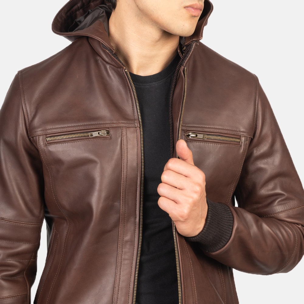 Bouncer Biz Brown Leather Bomber Jacket - Image 4