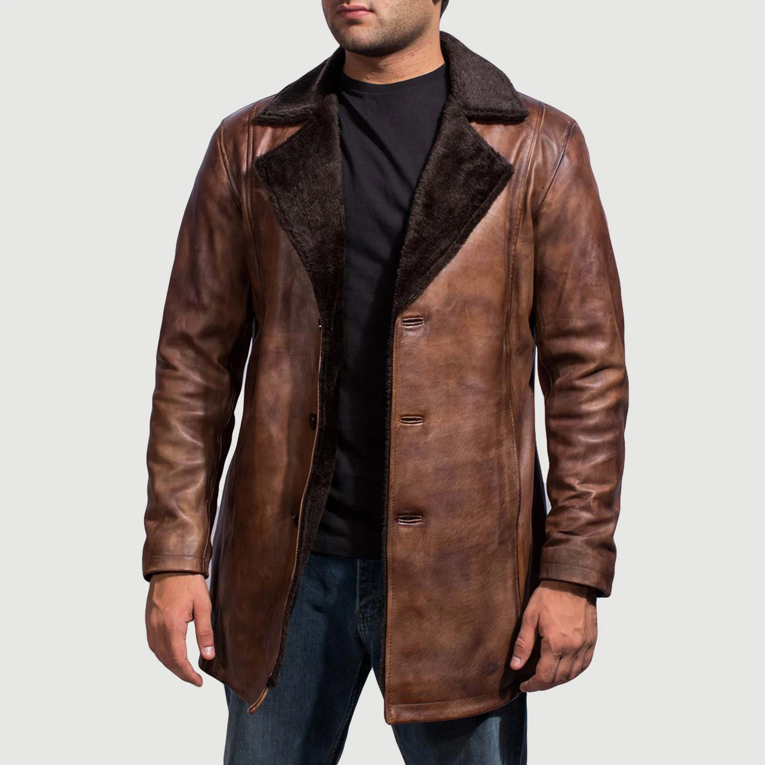 Cinnamon Distressed Leather Fur Coat - Image 6