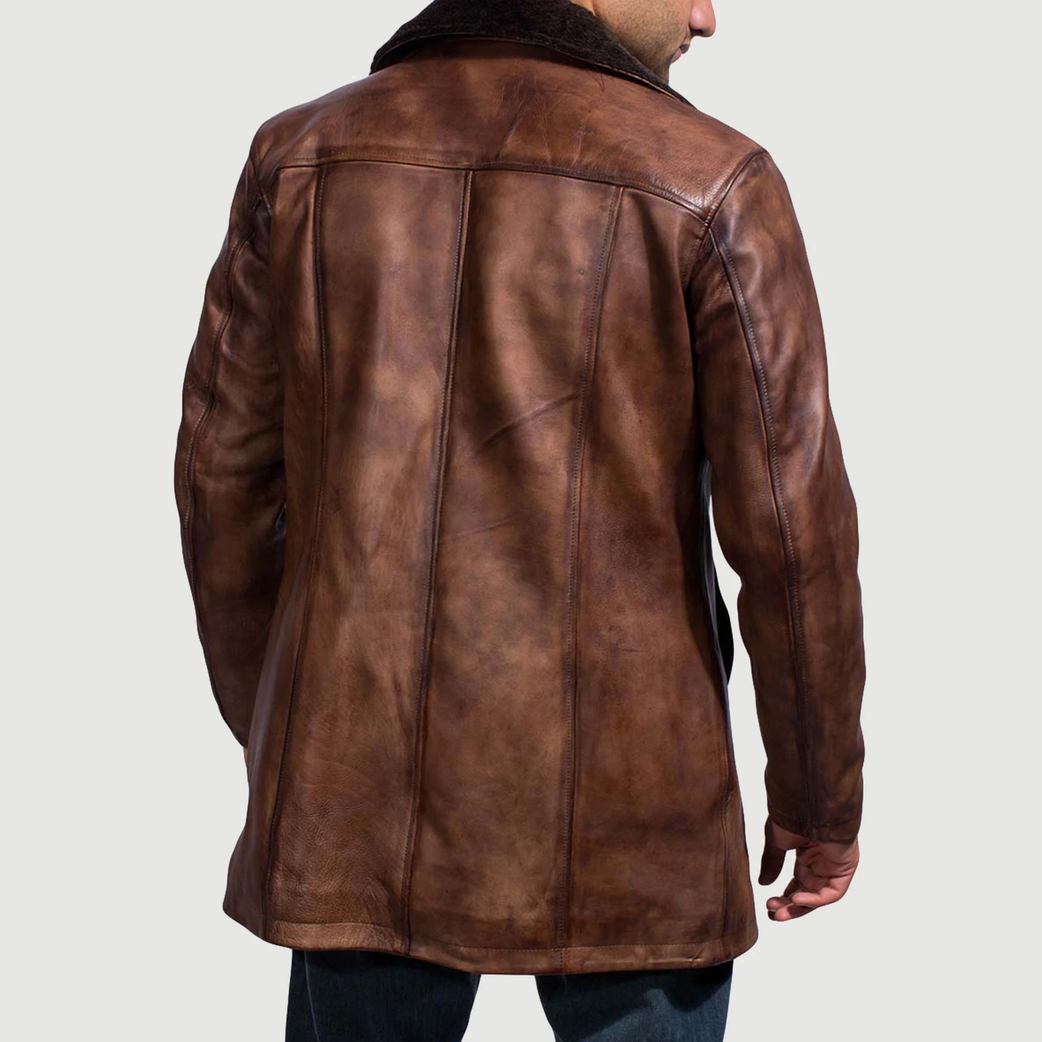 Cinnamon Distressed Leather Fur Coat - Image 3