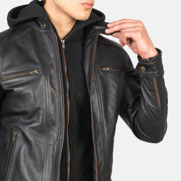 Hector Black Hooded Leather Biker Jacket - Image 2