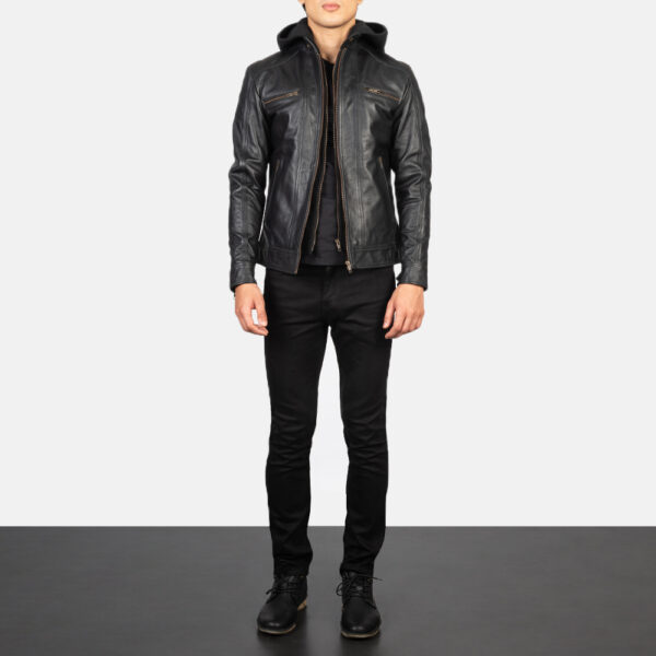 Hector Black Hooded Leather Biker Jacket - Image 7