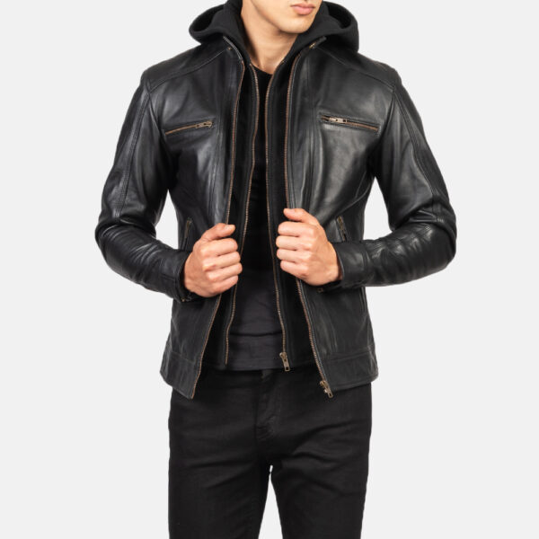 Hector Black Hooded Leather Biker Jacket - Image 3