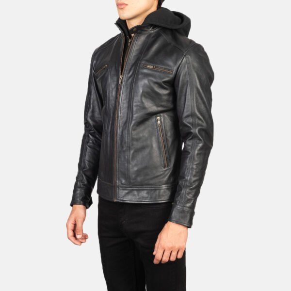 Hector Black Hooded Leather Biker Jacket - Image 4