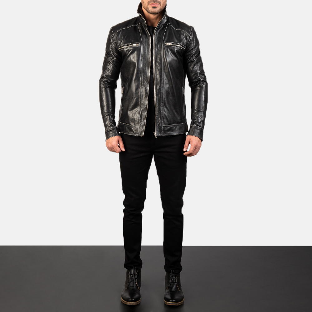 Hudson Black Leather Biker Jacket - Image 4