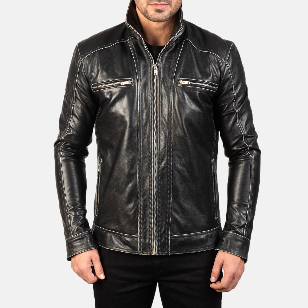Hudson Black Leather Biker Jacket - Image 2