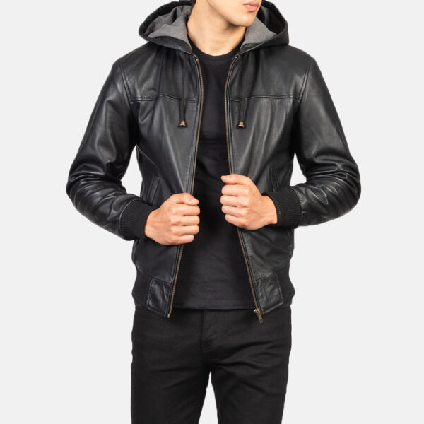 Nintenzo Black Hooded Leather Bomber Jacket - Image 3