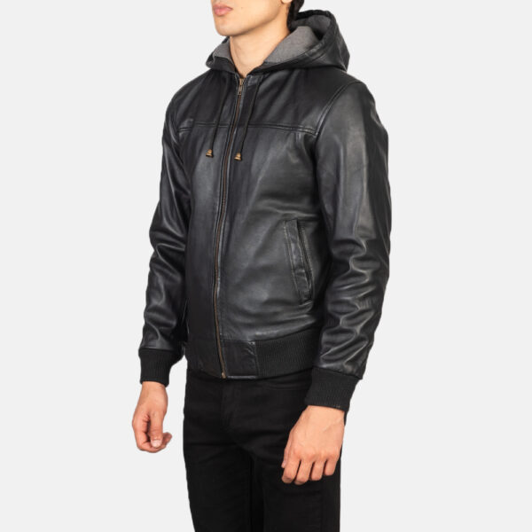 Nintenzo Black Hooded Leather Bomber Jacket - Image 6