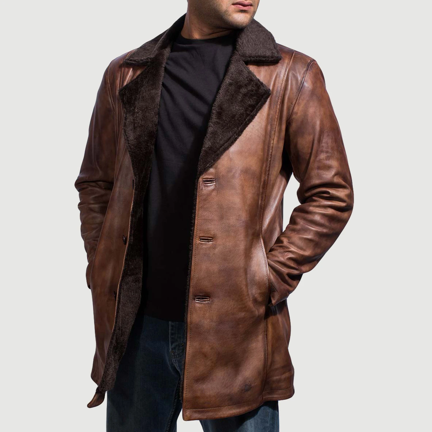 Cinnamon Distressed Leather Fur Coat - Image 4