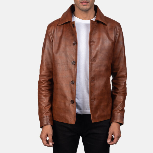 Waffle Brown Leather Jacket - Image 5