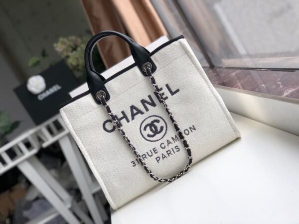 Chanel Deauville Tote 38cm Twill Canvas Bag Fall/Winter Collection White/Black - Image 2