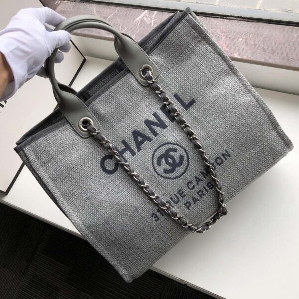Chanel Deauville Tote 38cm Raffia Canvas Bag Fall/Winter Collection Light Grey/Black - Image 3