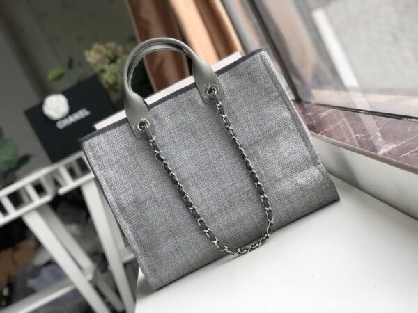 Chanel Deauville Tote 38cm Raffia Canvas Bag Fall/Winter Collection Light Grey/Black - Image 10