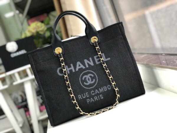 Chanel Deauville Tote 38cm Raffia Canvas Bag Fall/Winter Collection Black/Grey - Image 2
