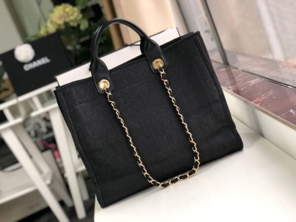 Chanel Deauville Tote 38cm Raffia Canvas Bag Fall/Winter Collection Black/Grey - Image 3