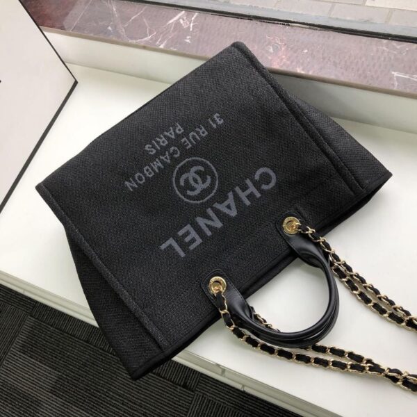 Chanel Deauville Tote 38cm Raffia Canvas Bag Fall/Winter Collection Black/Grey - Image 5
