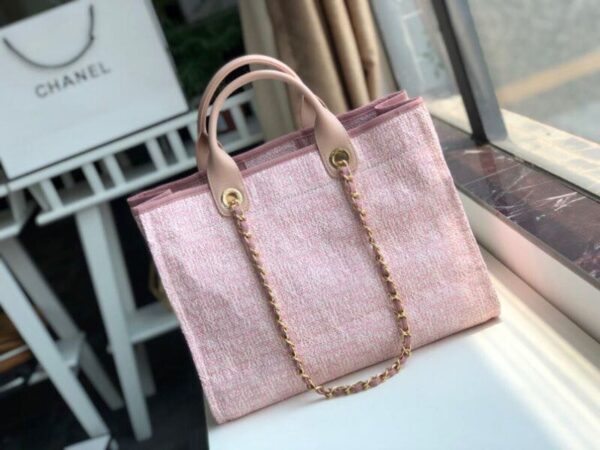 Chanel Deauville Tote 38cm Raffia Canvas Bag Fall/Winter Collection Dusty Pink/White - Image 3