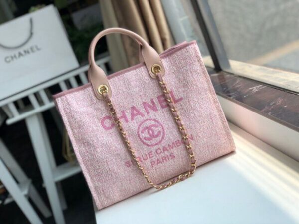 Chanel Deauville Tote 38cm Raffia Canvas Bag Fall/Winter Collection Dusty Pink/White - Image 2