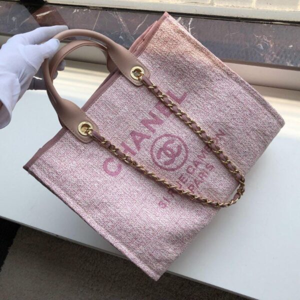 Chanel Deauville Tote 38cm Raffia Canvas Bag Fall/Winter Collection Dusty Pink/White - Image 4