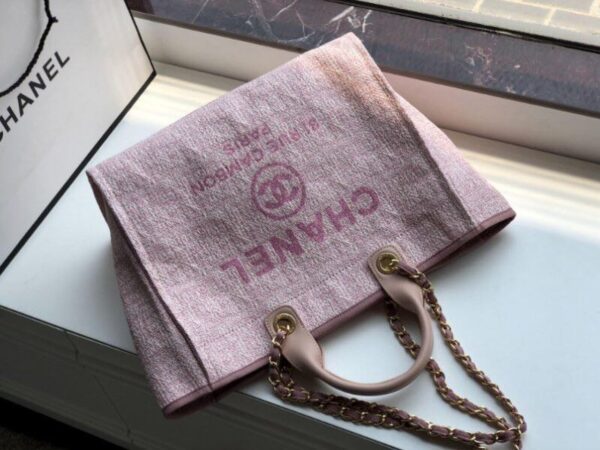 Chanel Deauville Tote 38cm Raffia Canvas Bag Fall/Winter Collection Dusty Pink/White - Image 7