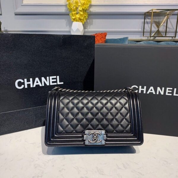 Chanel Quilted Boy Bag 25cm Lambskin Leather Antique Silver Hardware Fall/Winter Act 1 Collection Black - Image 2