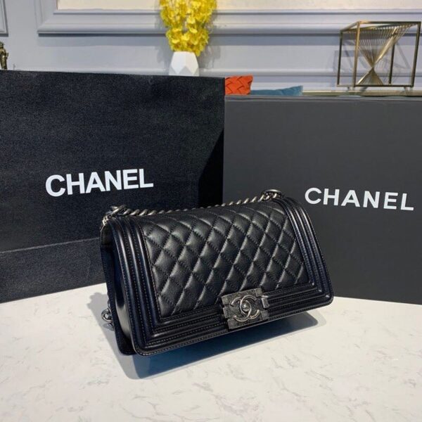 Chanel Quilted Boy Bag 25cm Lambskin Leather Antique Silver Hardware Fall/Winter Act 1 Collection Black - Image 4