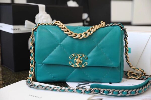 Chanel 19 Flap Bag 26cm Goatskin Leather Spring/Summer Act 1 Collection, Teal - Image 16