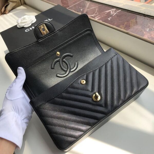 Chanel Chevron Classic Flap Bag 25cm Gold Hardware Caviar Leather Spring/Summer Collection Black - Image 8