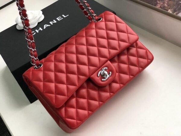 Chanel Classic Flap Bag 25cm Silver Hardware Lambskin Leather Spring/Summer Collection Red - Image 3