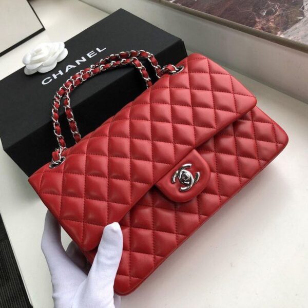 Chanel Classic Flap Bag 25cm Silver Hardware Lambskin Leather Spring/Summer Collection Red - Image 4