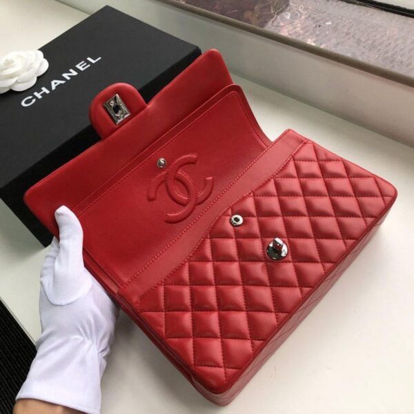 Chanel Classic Flap Bag 25cm Silver Hardware Lambskin Leather Spring/Summer Collection Red - Image 9