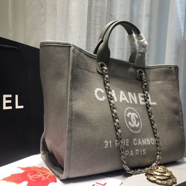 Chanel Deauville Tote 38cm Canvas Bag Spring/Summer Collection, Light Grey/White - Image 8