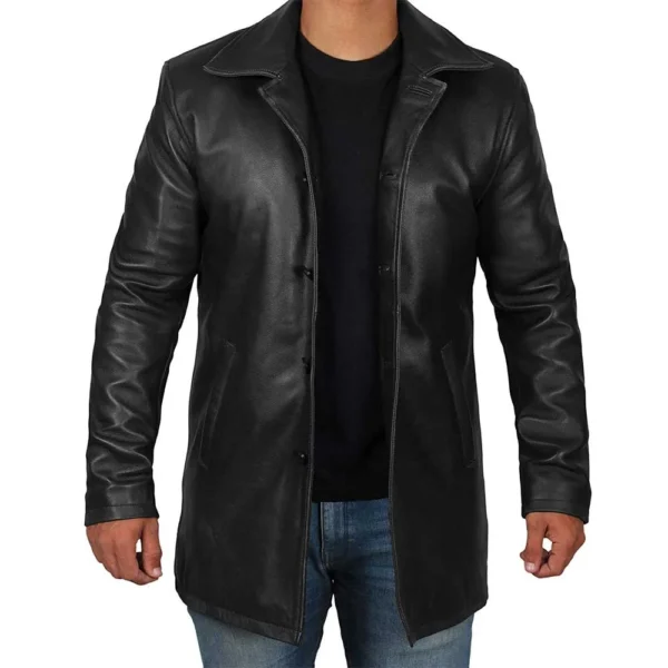 Men’s Black Leather Trench Coat – Retro Leather Jacket
