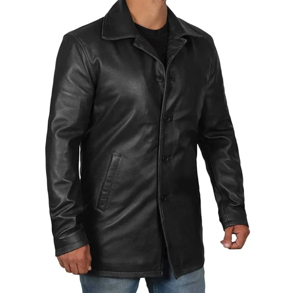 Men’s Black Leather Trench Coat – Retro Leather Jacket - Image 4