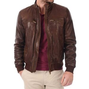 John Hunter Men’s Brown Lambskin Leather Bomber Motorcycle Jacket/Gloria Leather