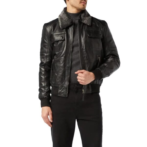 Men’s Black Leather Bomber Jacket with Fur Collar/Gloria Leather - Image 3