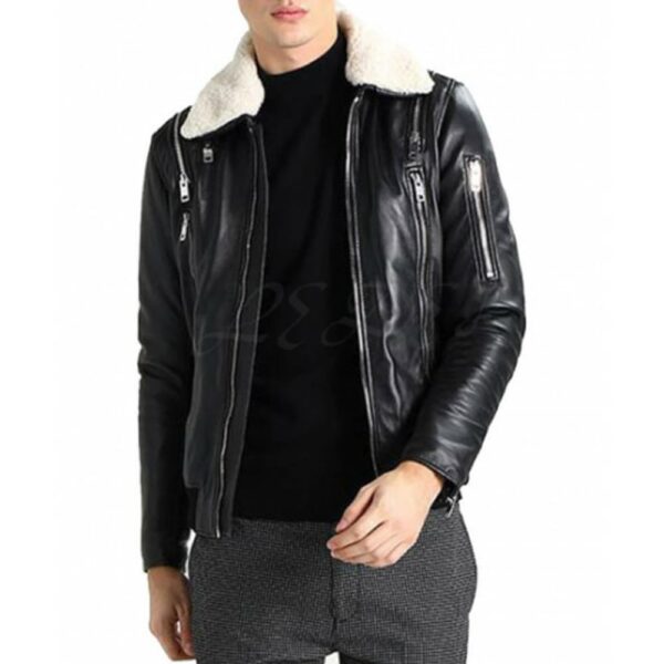 Black Leather Jacket with White Fur Collar/Gloria Leather - Image 3