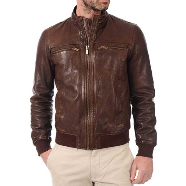 John Hunter Men’s Brown Lambskin Leather Bomber Motorcycle Jacket/Gloria Leather - Image 2