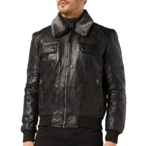Men’s Black Leather Bomber Jacket with Fur Collar/Gloria Leather