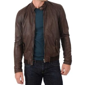 John Hunter Men’s Brown Lambskin Leather Bomber Motorcycle Jacket/Gloria Leather