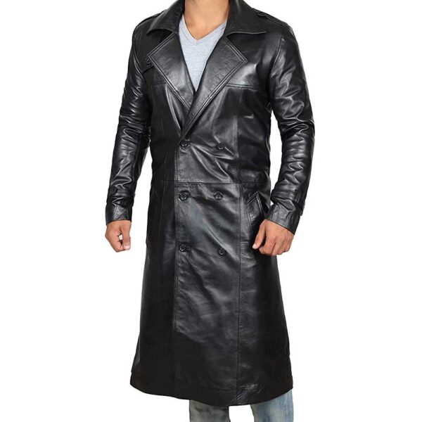 Black Genuine Leather Trench Coat Men’s – Leather Duster Coat/Gloria Leather - Image 4