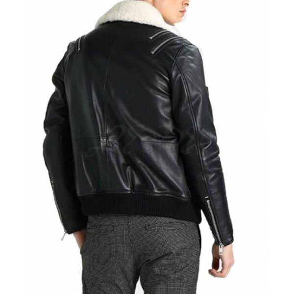 Black Leather Jacket with White Fur Collar/Gloria Leather - Image 2