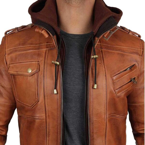 Edinburgh Brown Leather Bomber Jacket With Removable Hood Men/Gloria Leather - Image 3