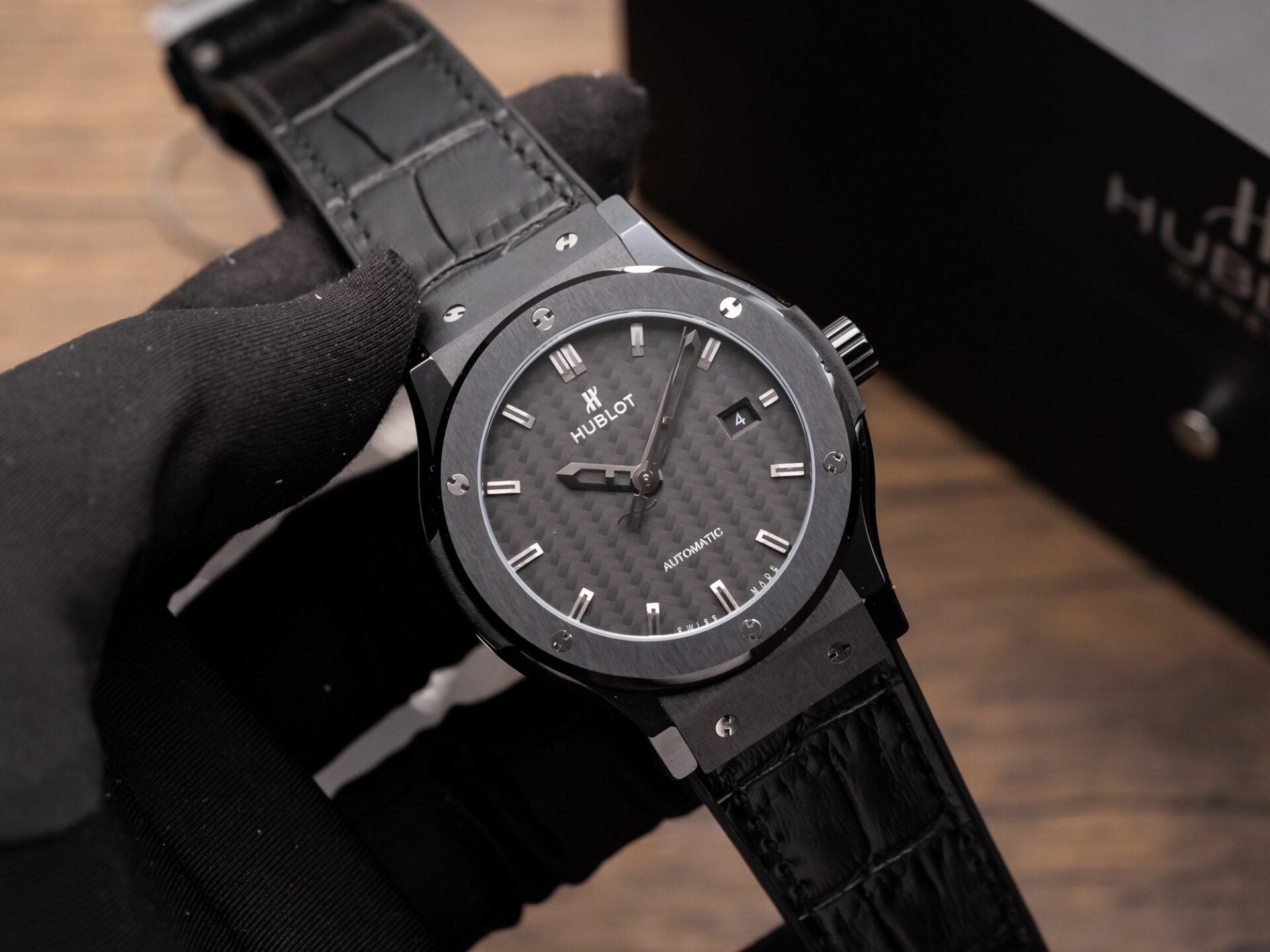 Hublot Classic Fusion Ceramic Carbon Dial Watch Leather Strap 42mm