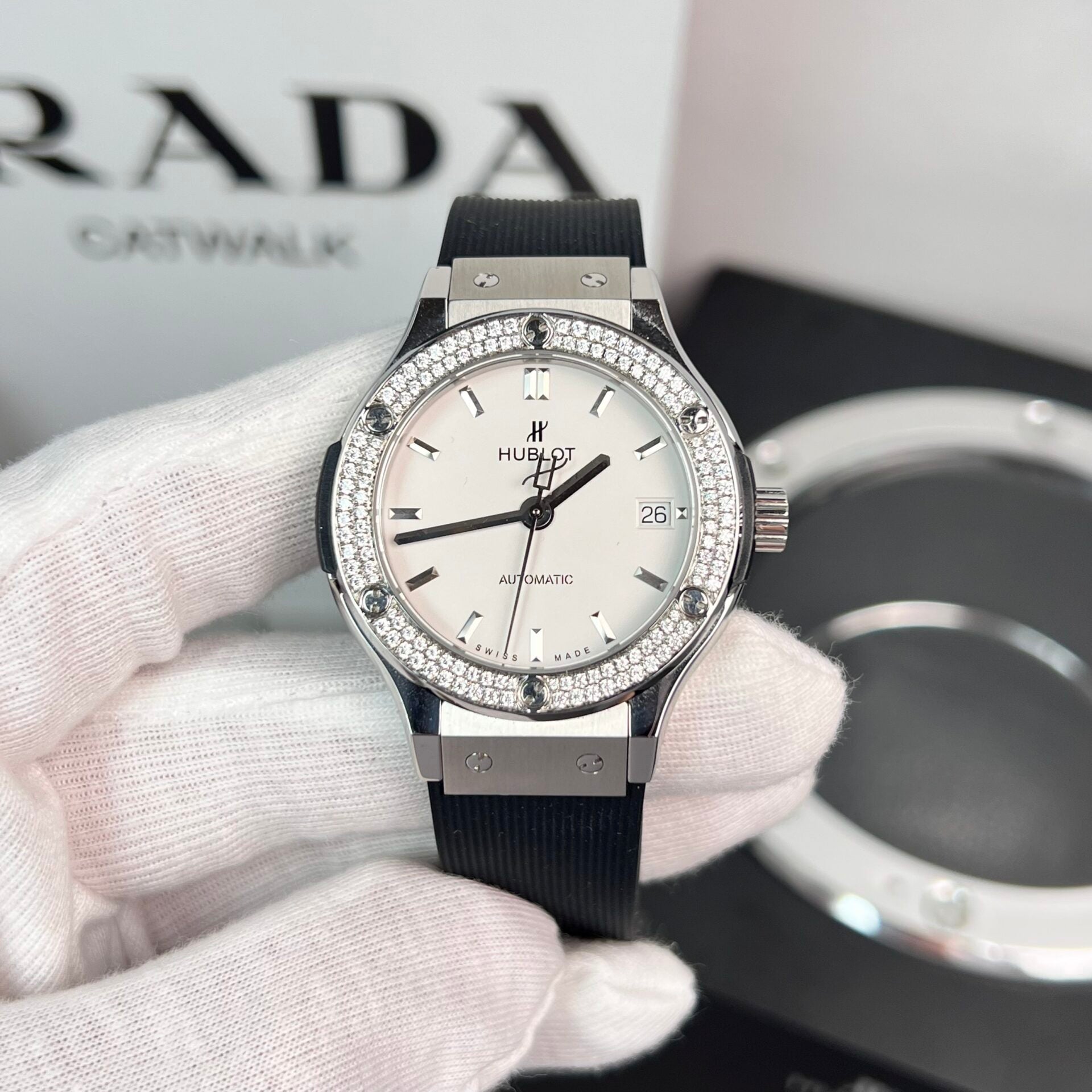Hublot Classic Fusion Watch Moissanite Diamond Black Rubber Strap 38mm