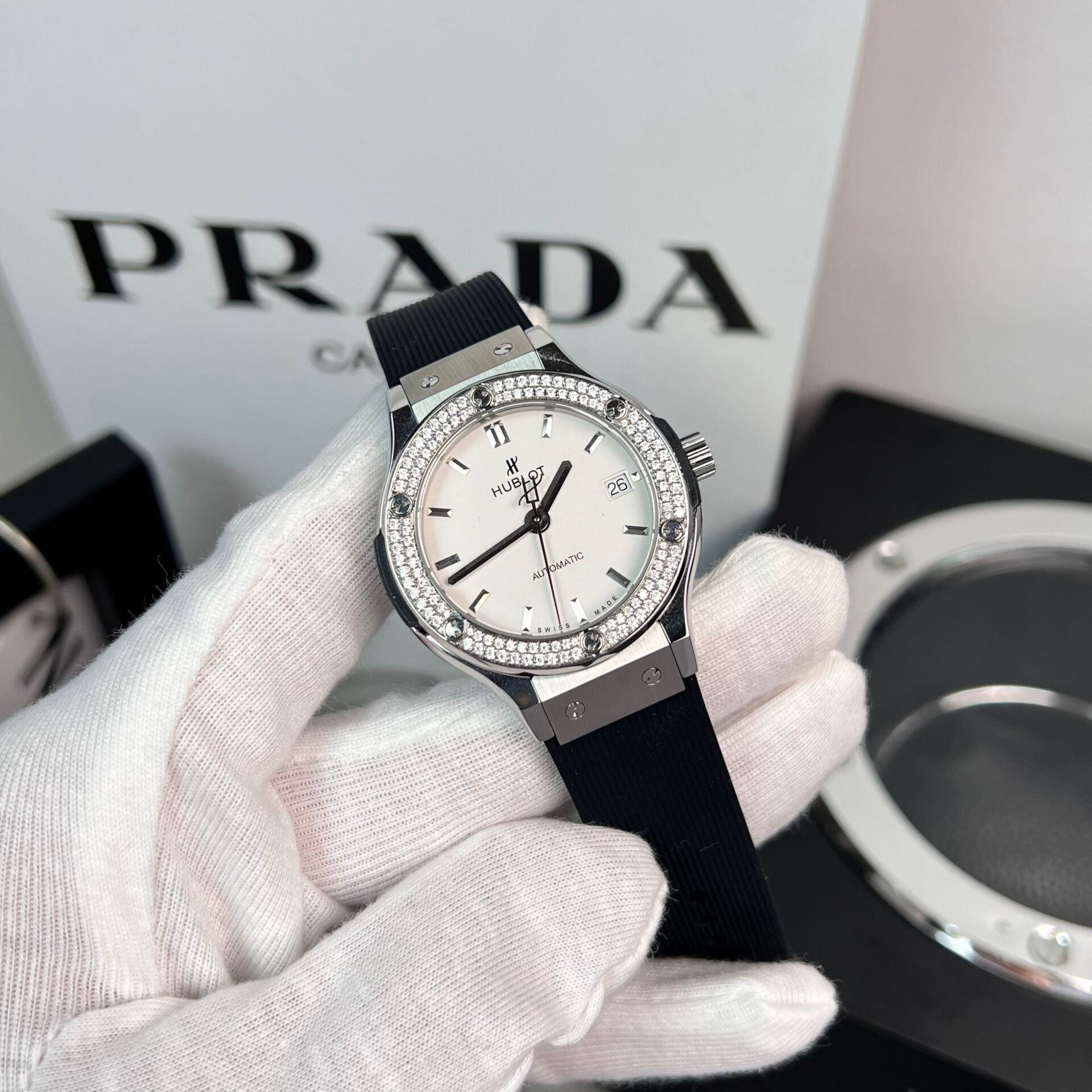 Hublot Classic Fusion Watch Moissanite Diamond Black Rubber Strap 38mm - Image 2