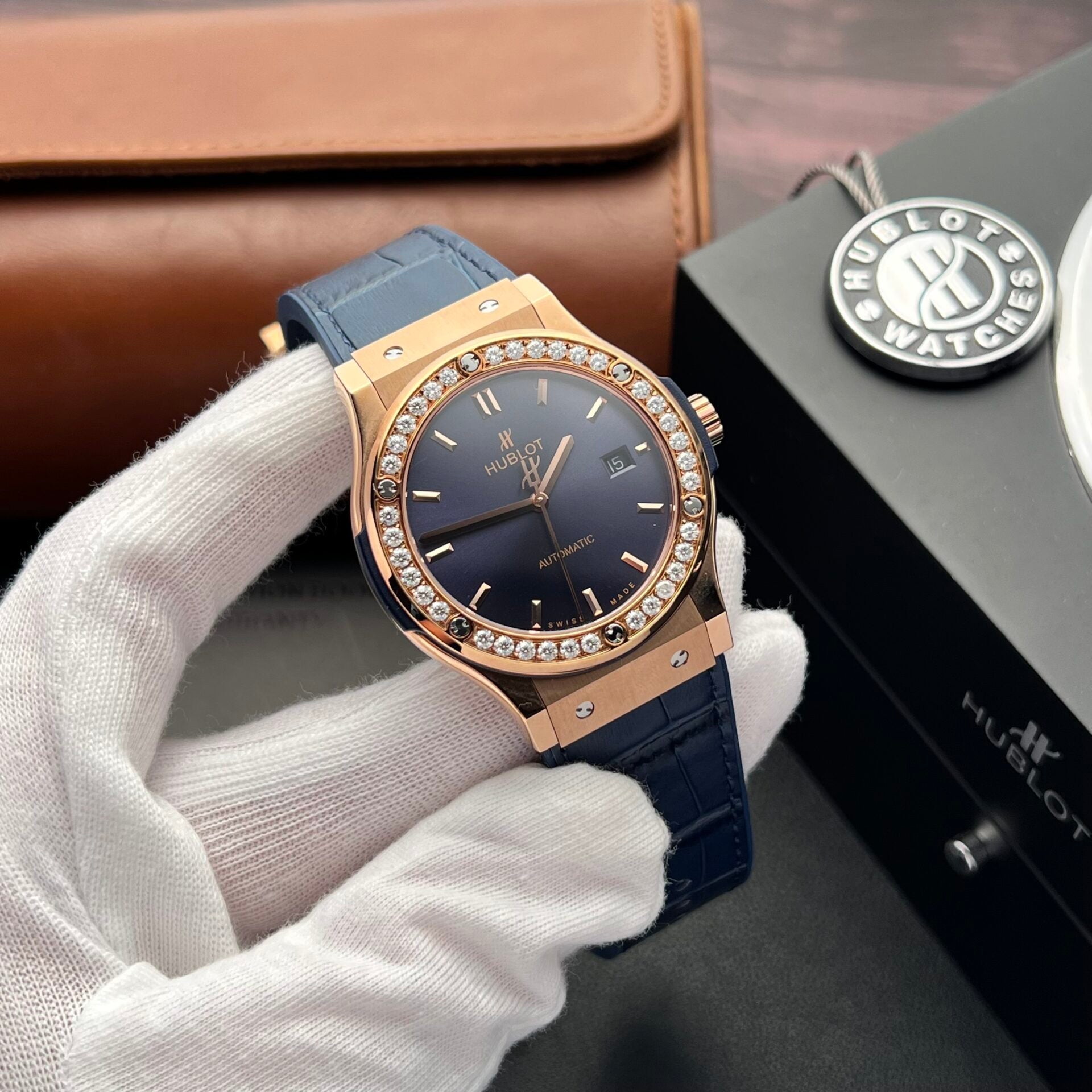 Hublot Watch Classic Fusion King Gold With Moissanite Diamonds Blue 42mm - Image 4